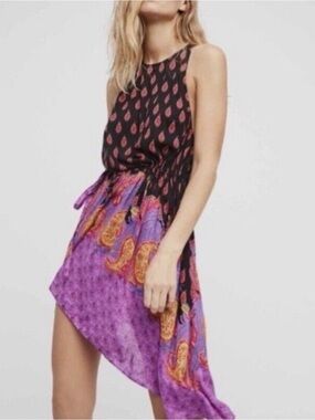 Free People Rendezvous Tank Slip Dress Black Purple Paisley L